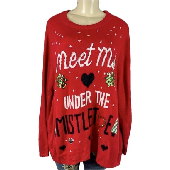 Curations +3X Red Meet Me Under the Mistletoe Sequin Graphic Long Sleeve Sweater - Picture 2 of 6